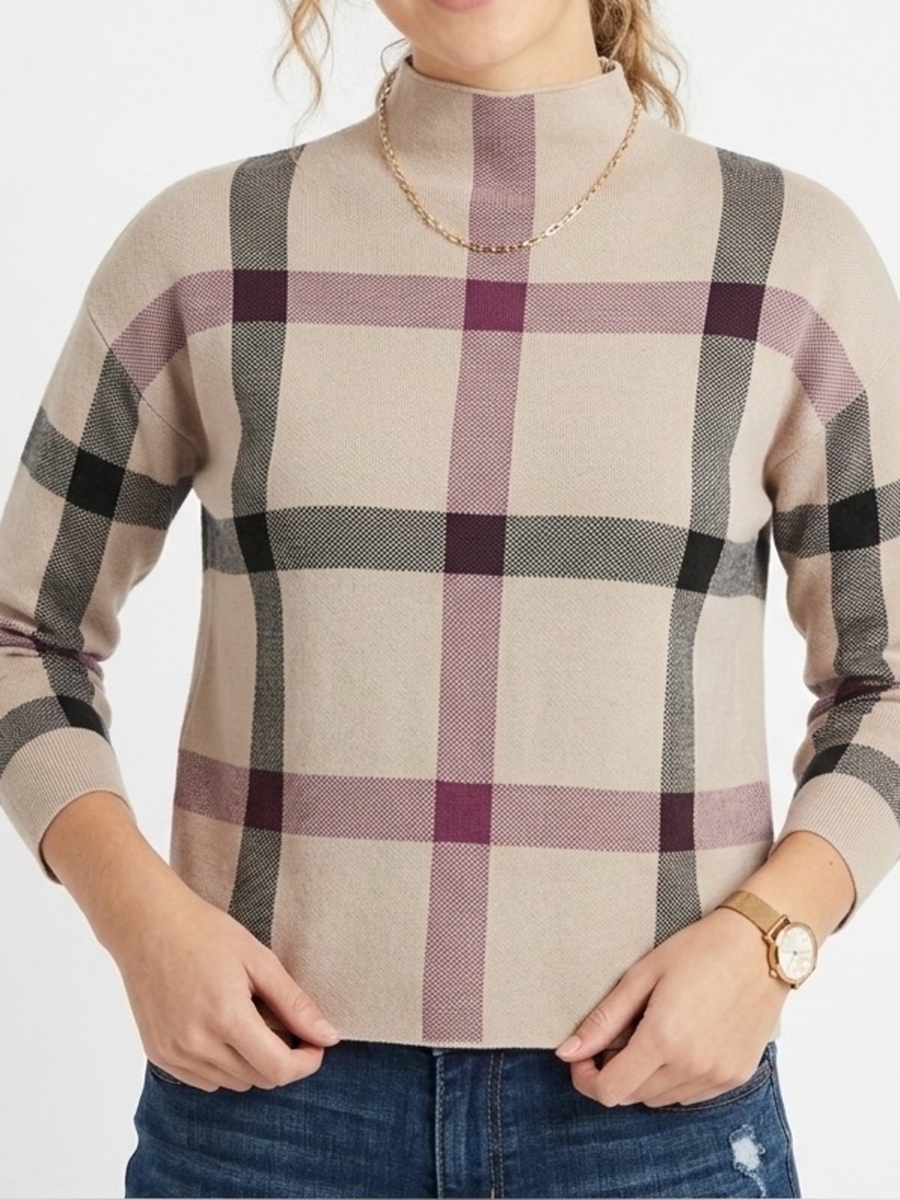TAHARI Women’s Small Plaid Mock Neck Pullover Sweater Beige Tan Knit Checked S